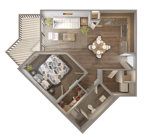 Floor plan for 1 bed, 1 bath, 663 sqft